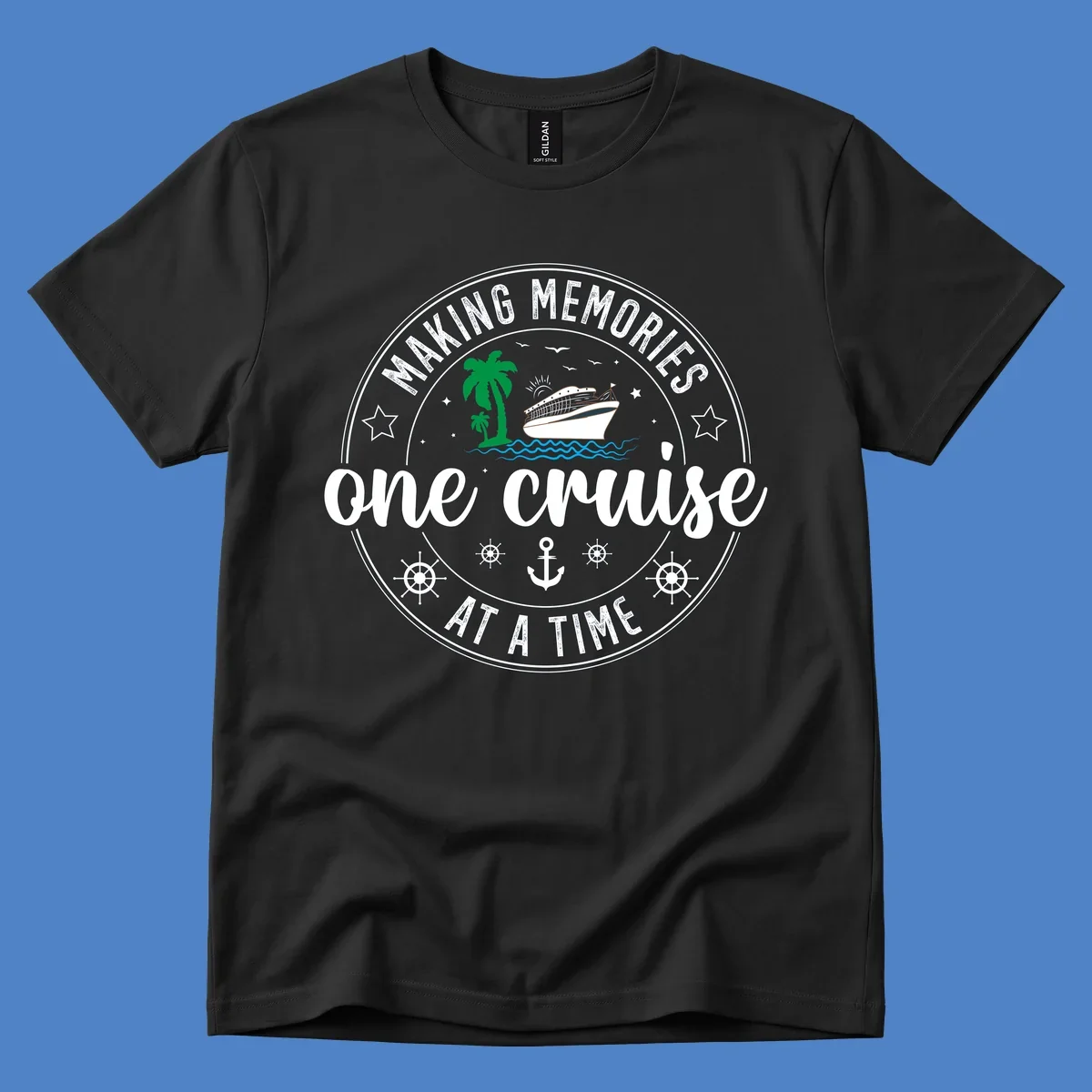 Making memories one cruise circular badge design with cruise ship, palm trees, ocean waves, anchors and ship wheels