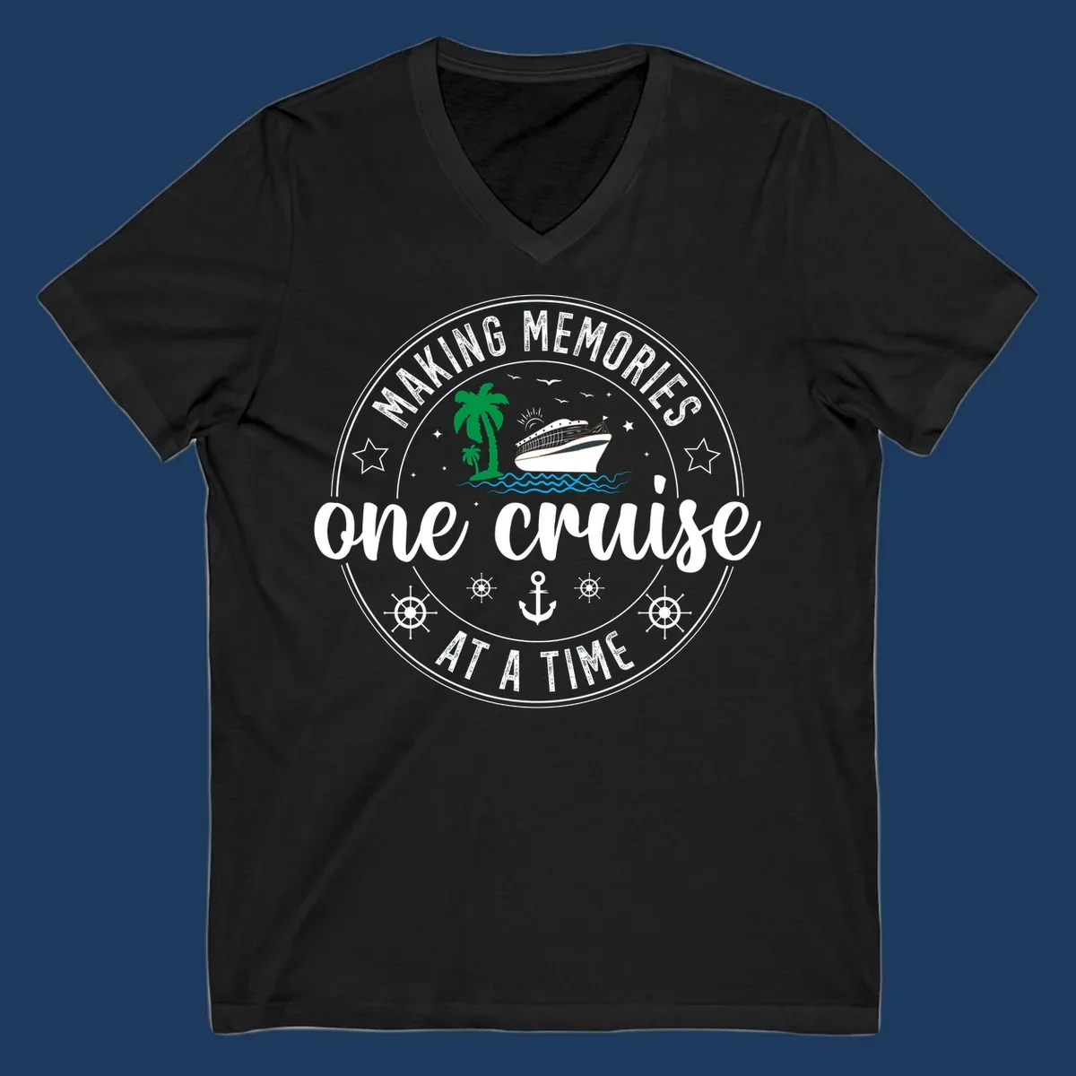 Making memories one cruise circular badge design with cruise ship, palm trees, ocean waves, anchors and ship wheels
