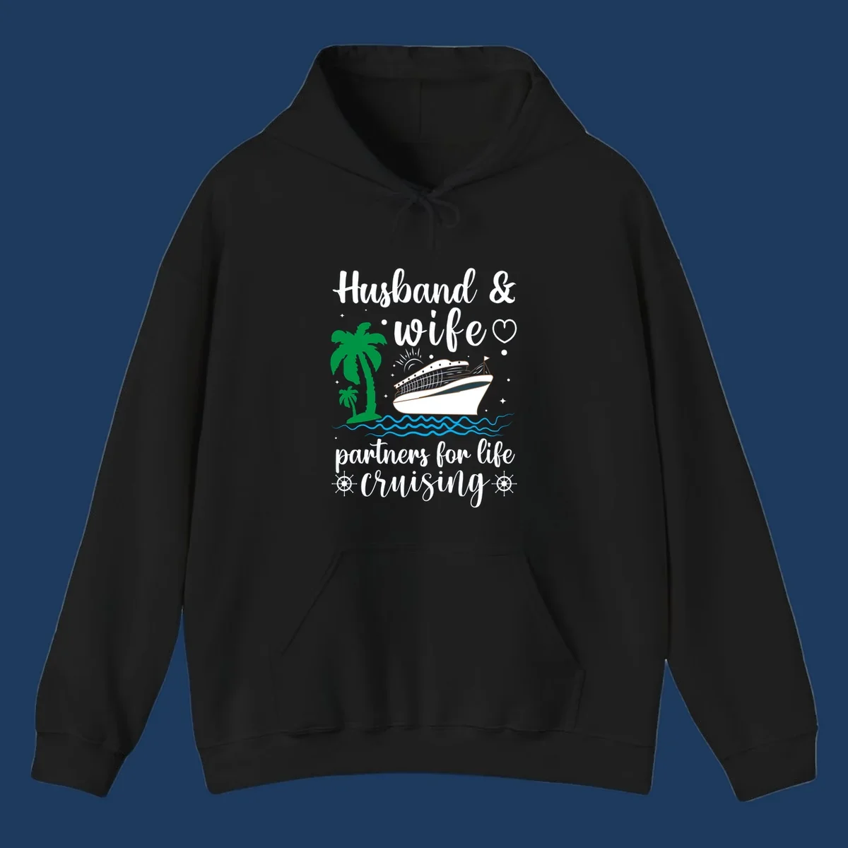 Illustration of a cruise ship with palm trees and ocean waves, text reads 'Husband & Wife Partners For Life Cruising' in script font