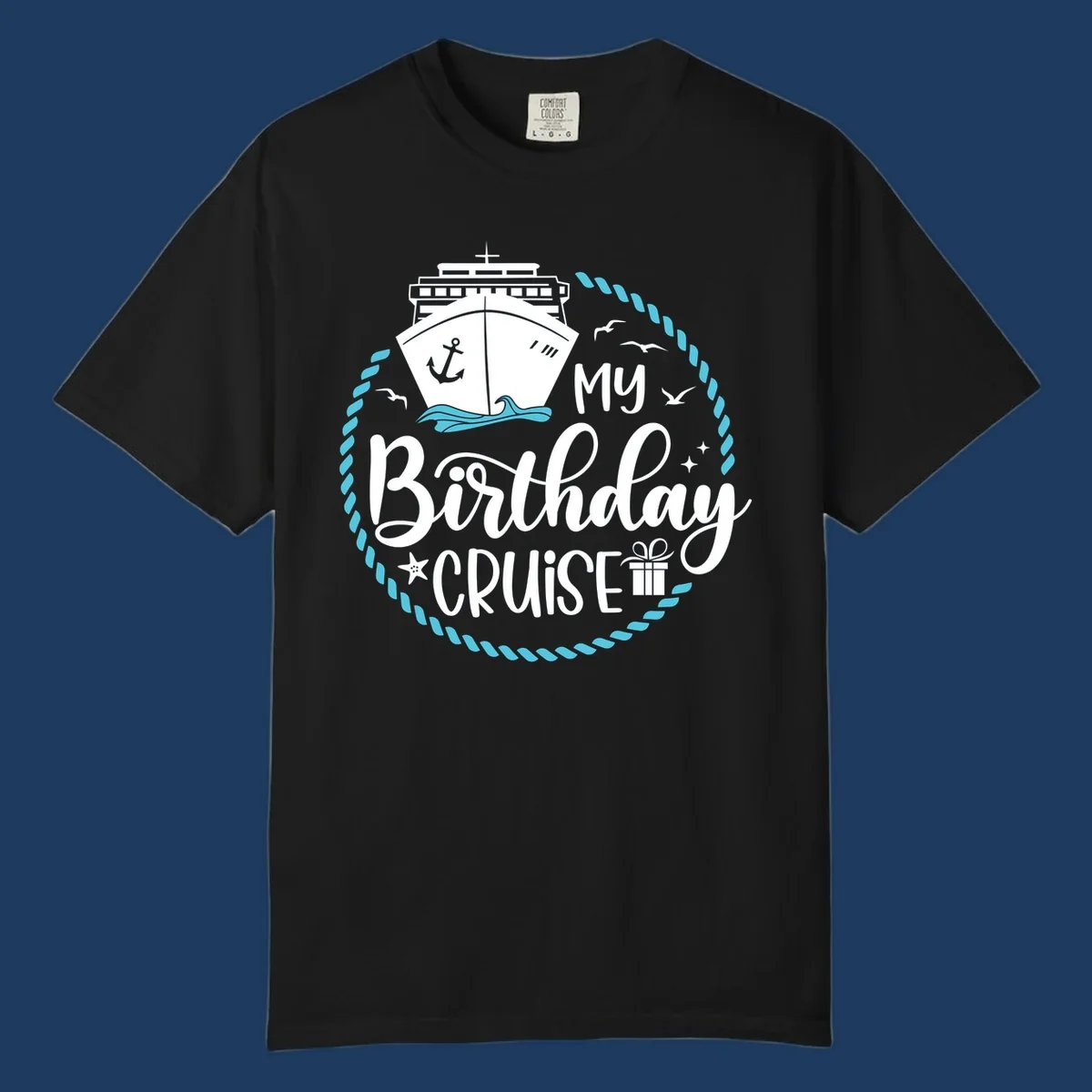 Nautical birthday cruise design with ship, anchor, rope border, seagulls, and 'my Birthday CRUISE' text on gray background