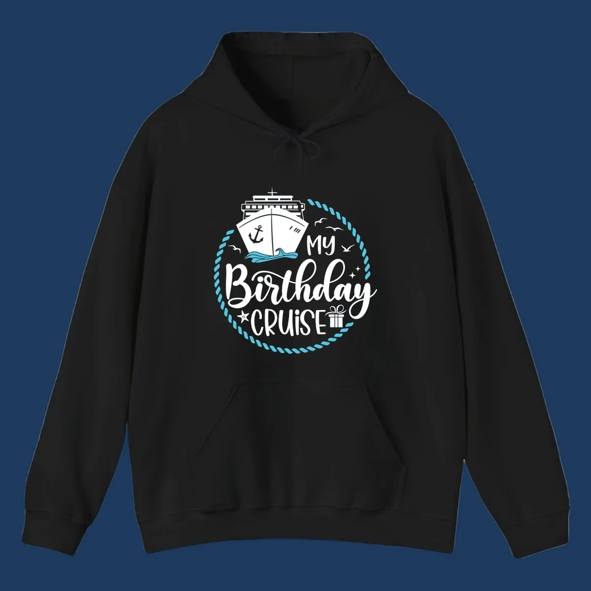Nautical birthday cruise design with ship, anchor, rope border, seagulls, and 'my Birthday CRUISE' text on gray background