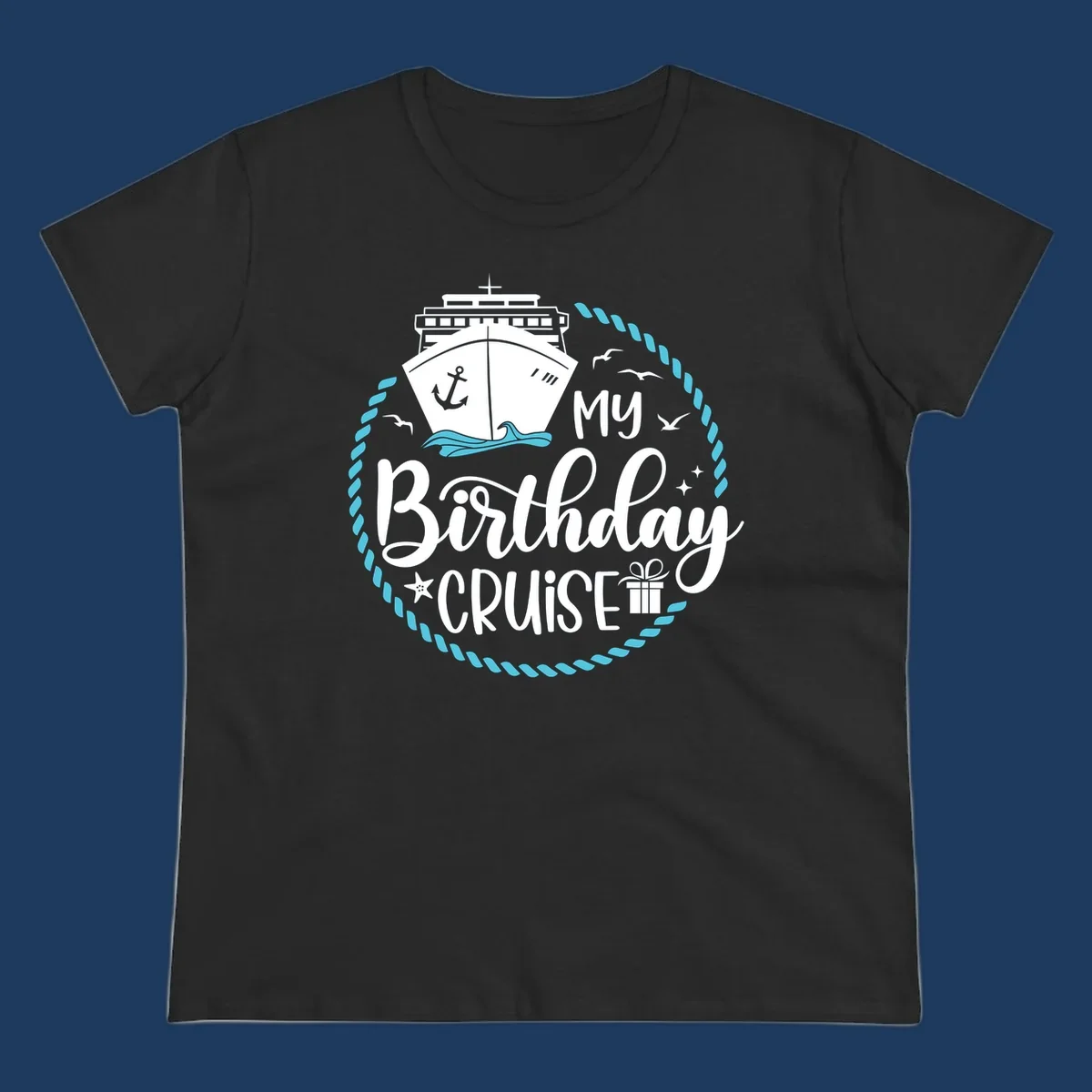 Nautical birthday cruise design with ship, anchor, rope border, seagulls, and 'my Birthday CRUISE' text on gray background