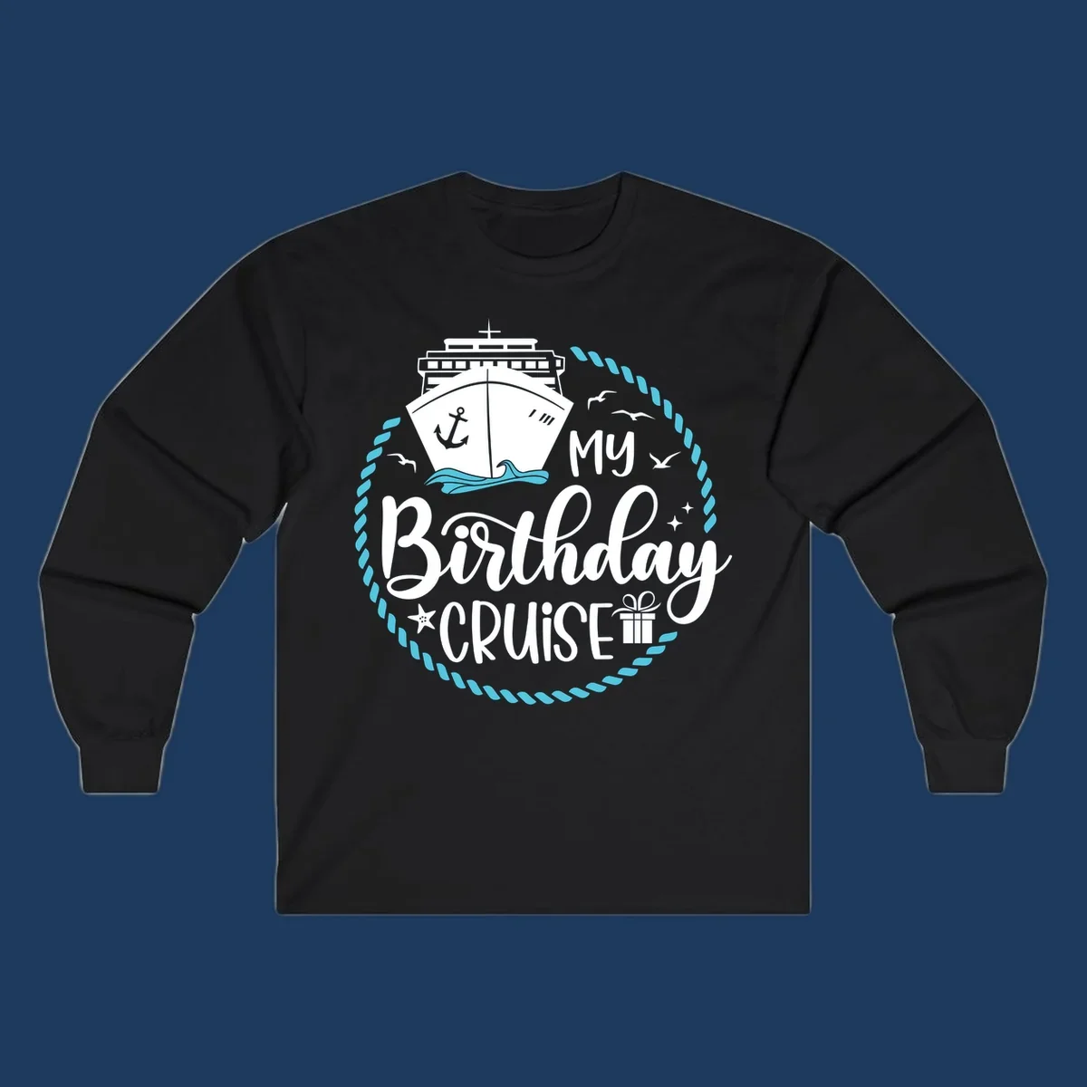 Nautical birthday cruise design with ship, anchor, rope border, seagulls, and 'my Birthday CRUISE' text on gray background