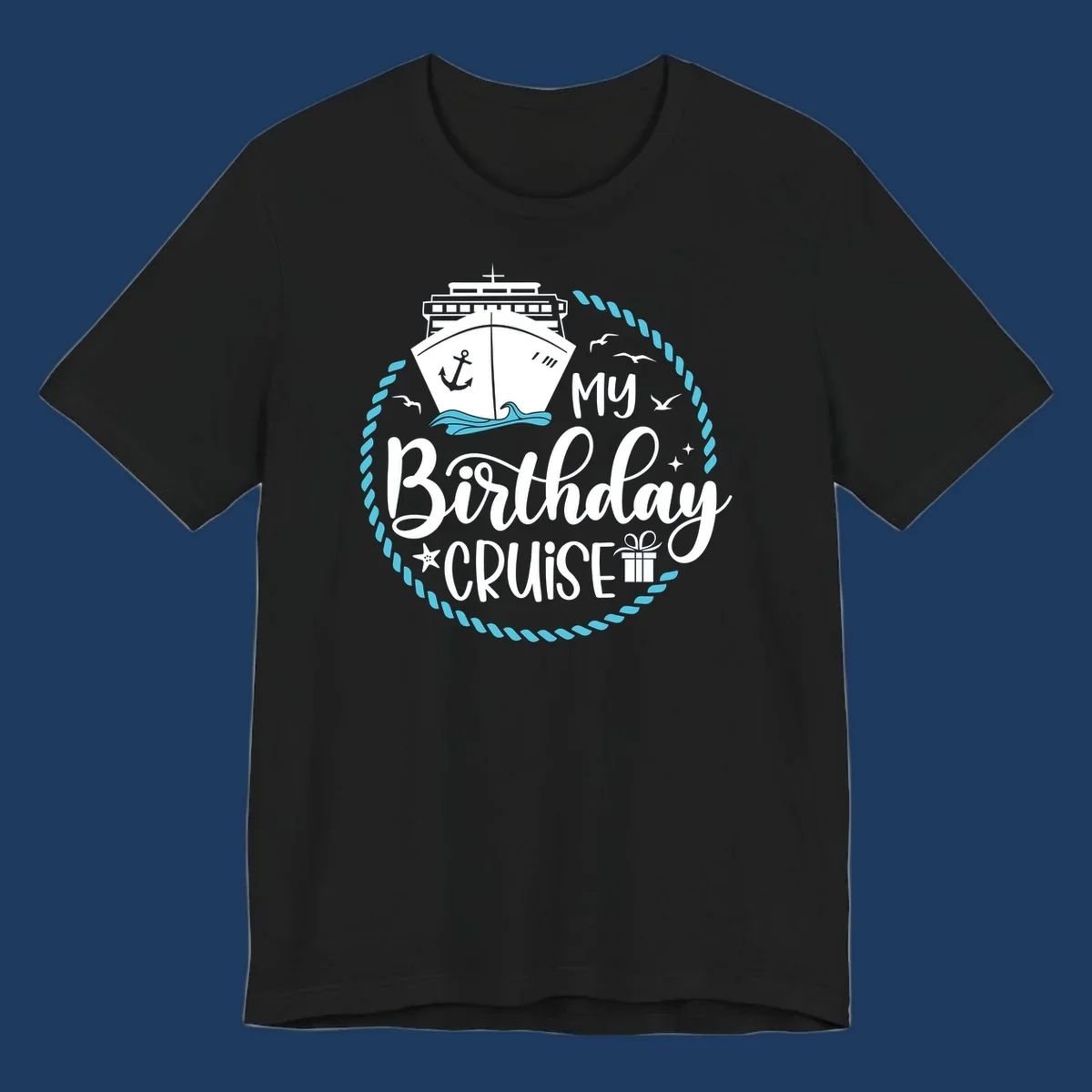 Nautical birthday cruise design with ship, anchor, rope border, seagulls, and 'my Birthday CRUISE' text on gray background