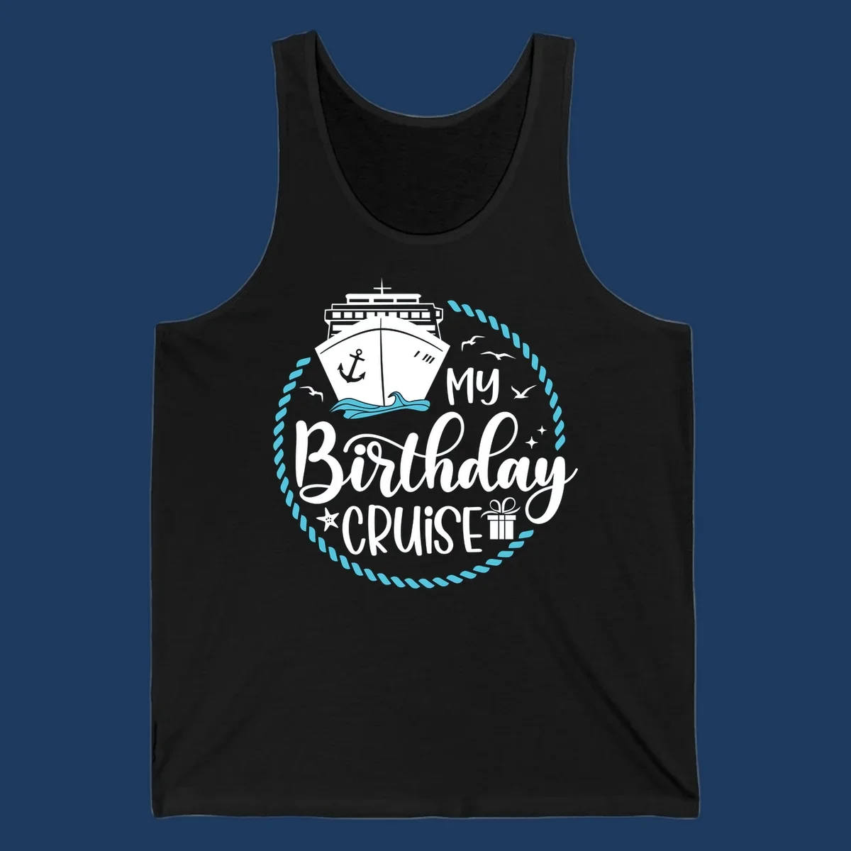 Nautical birthday cruise design with ship, anchor, rope border, seagulls, and 'my Birthday CRUISE' text on gray background