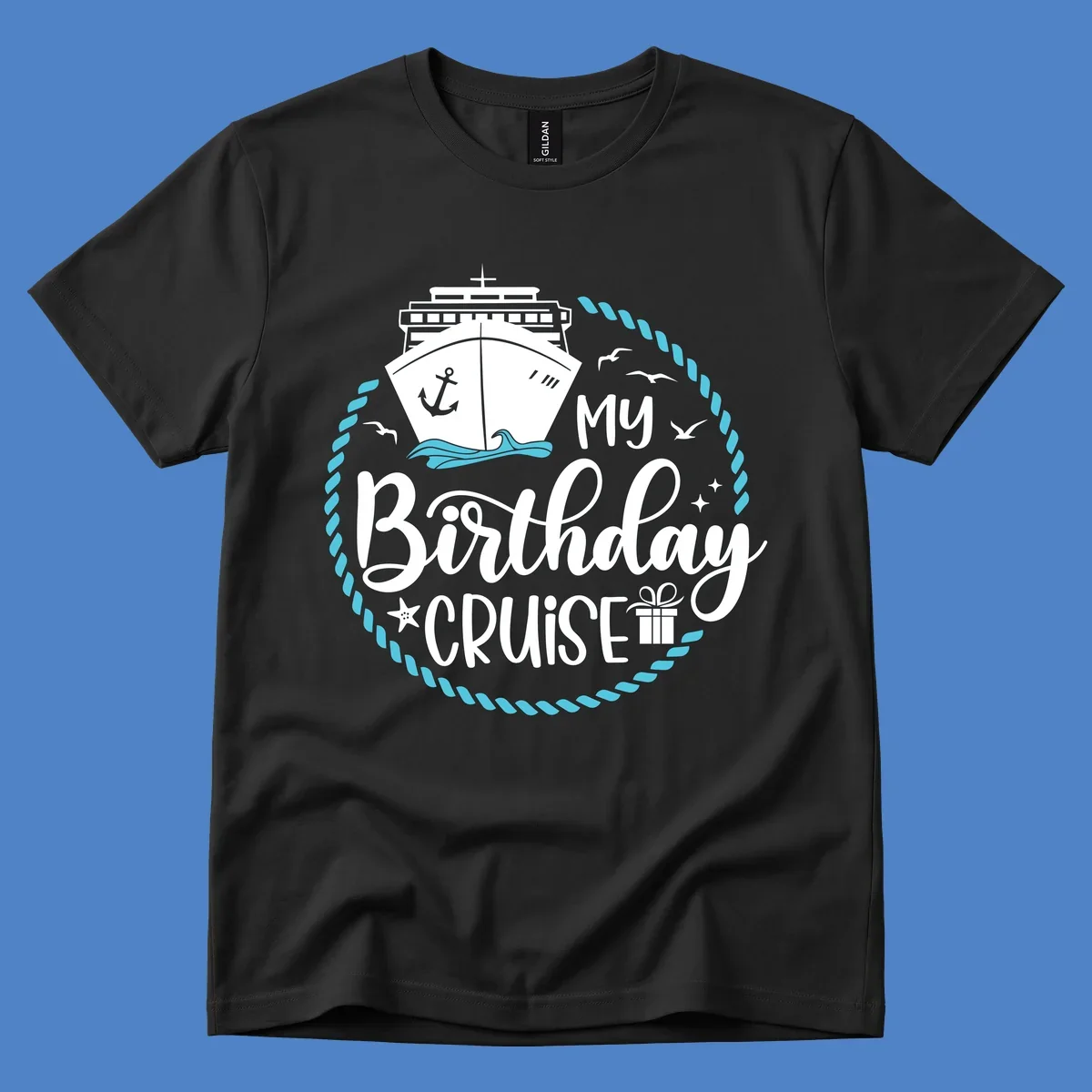 Nautical birthday cruise design with ship, anchor, rope border, seagulls, and 'my Birthday CRUISE' text on gray background