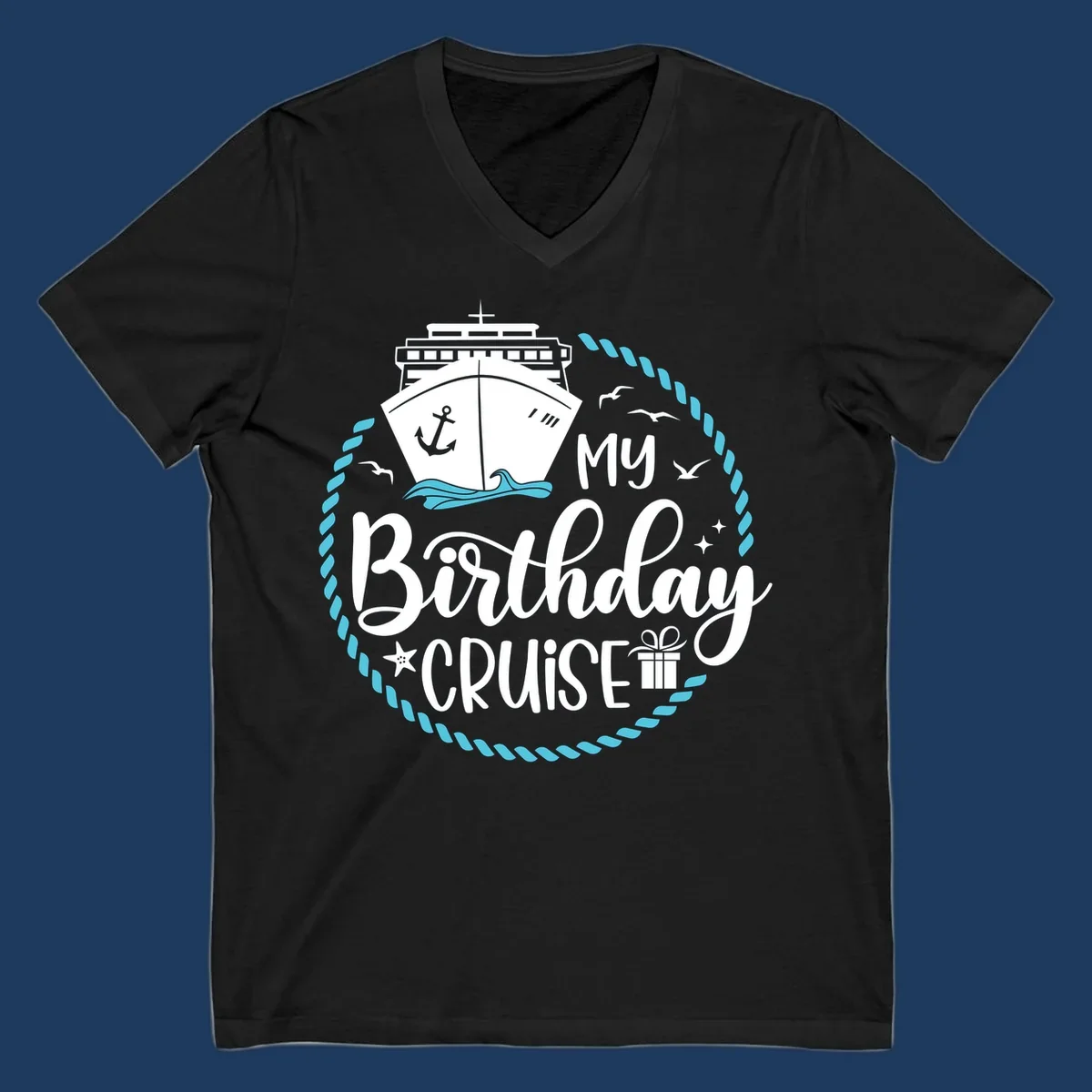 Nautical birthday cruise design with ship, anchor, rope border, seagulls, and 'my Birthday CRUISE' text on gray background