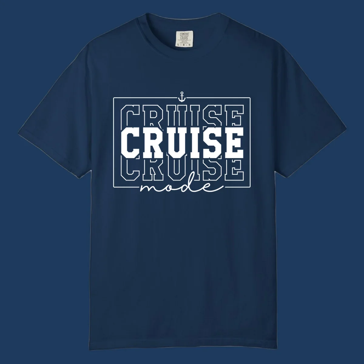 White anchor icon above bold 'CRUISE MODE' text with decorative border on gray background, nautical-themed design