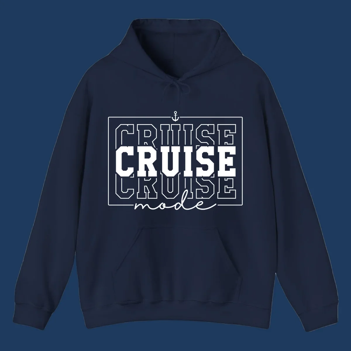 White anchor icon above bold 'CRUISE MODE' text with decorative border on gray background, nautical-themed design