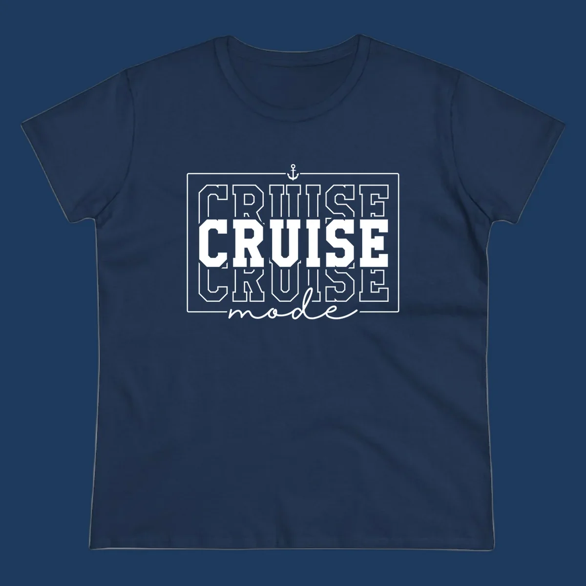 White anchor icon above bold 'CRUISE MODE' text with decorative border on gray background, nautical-themed design