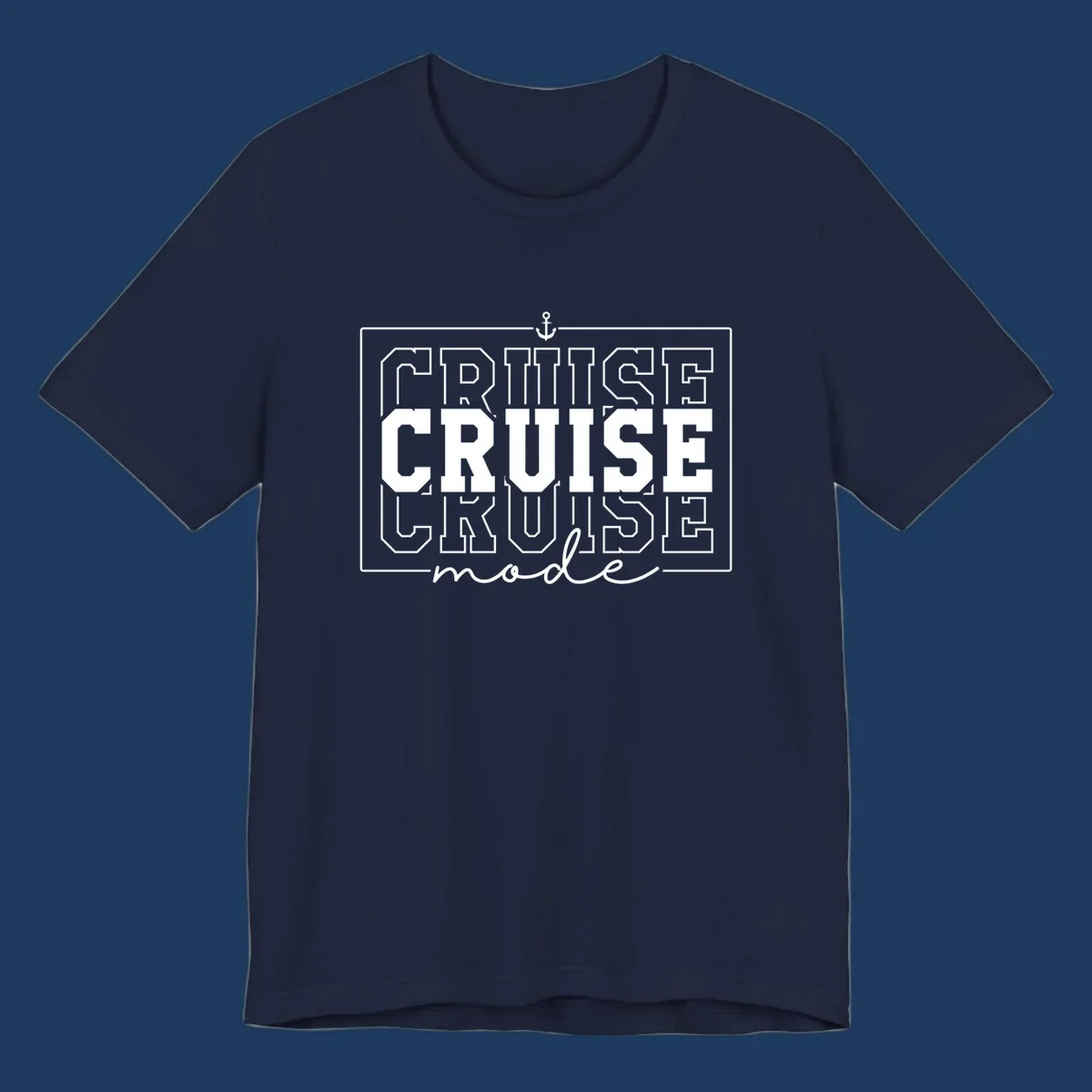 White anchor icon above bold 'CRUISE MODE' text with decorative border on gray background, nautical-themed design