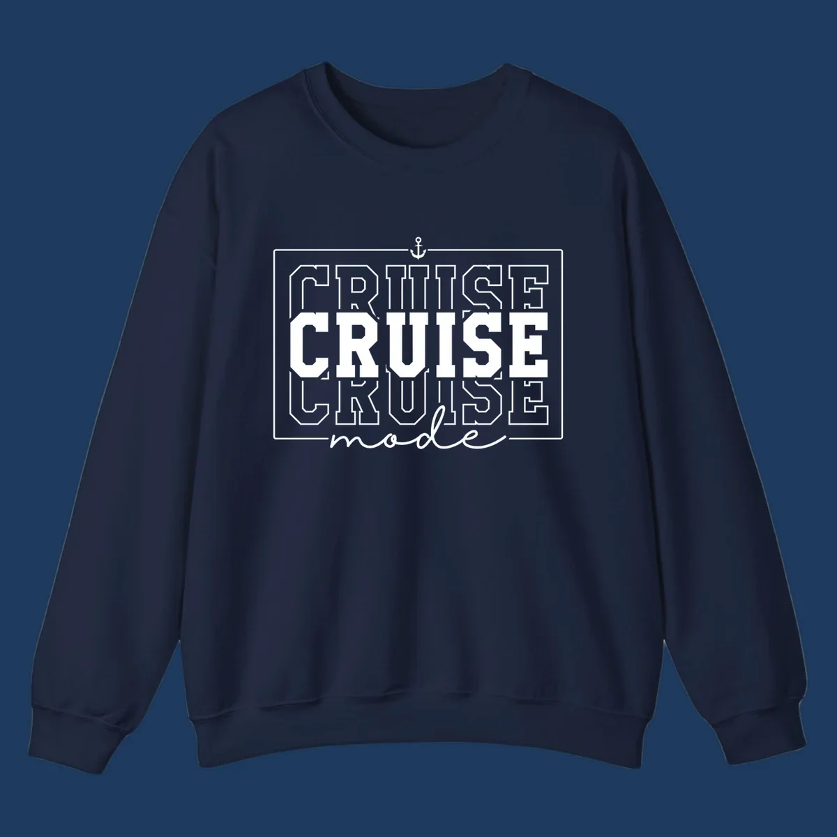 White anchor icon above bold 'CRUISE MODE' text with decorative border on gray background, nautical-themed design