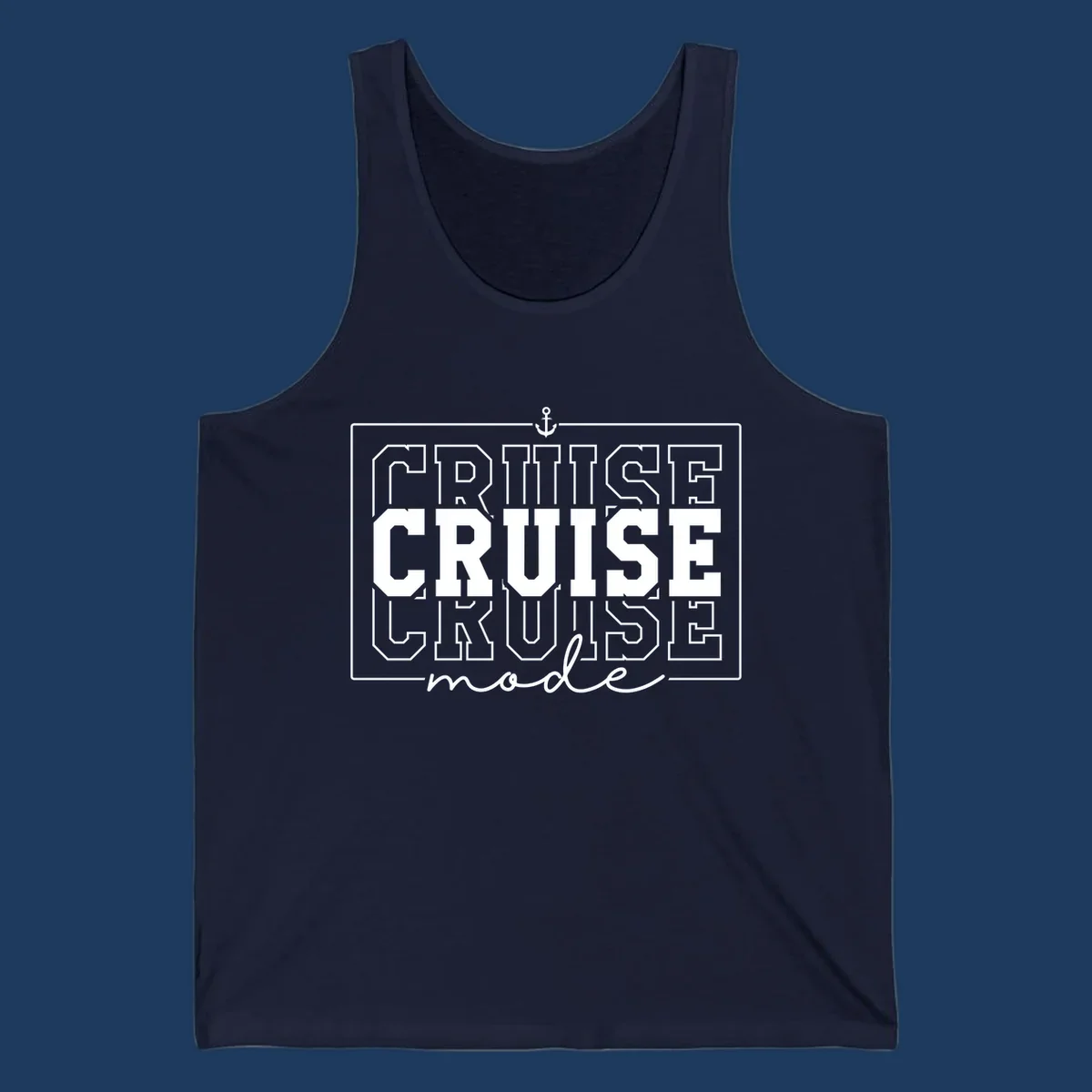 White anchor icon above bold 'CRUISE MODE' text with decorative border on gray background, nautical-themed design