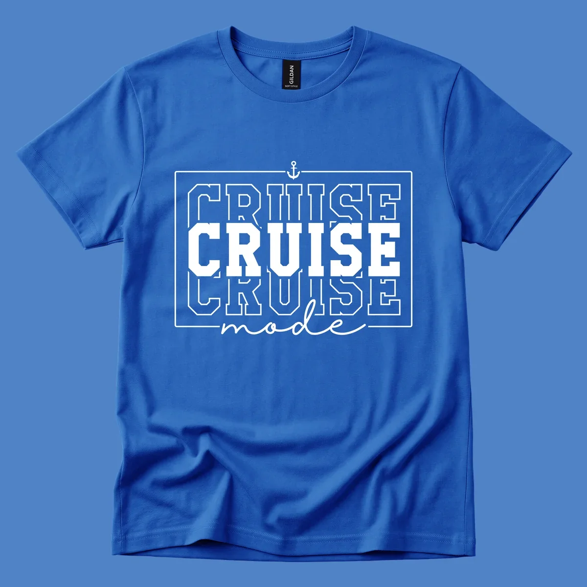 White anchor icon above bold 'CRUISE MODE' text with decorative border on gray background, nautical-themed design