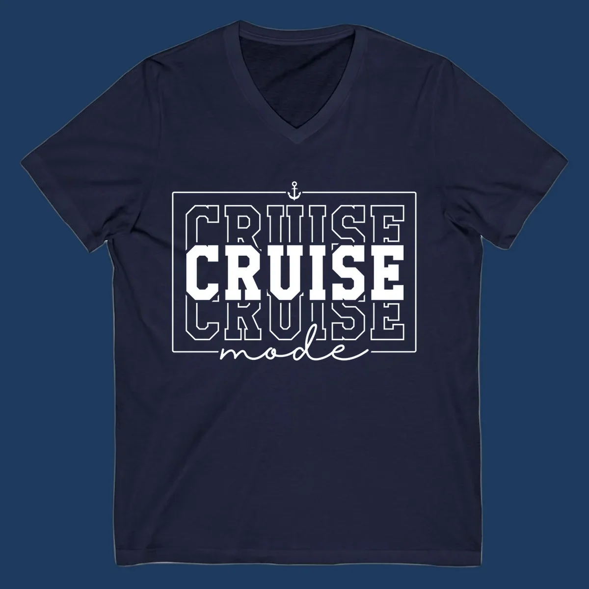 White anchor icon above bold 'CRUISE MODE' text with decorative border on gray background, nautical-themed design