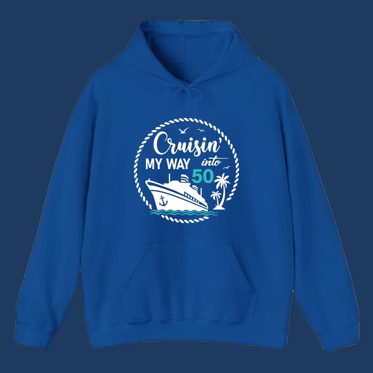 Nautical circular badge design with cruise ship, palm trees, and 'Cruisin' My Way Into 50' text for birthday celebrations