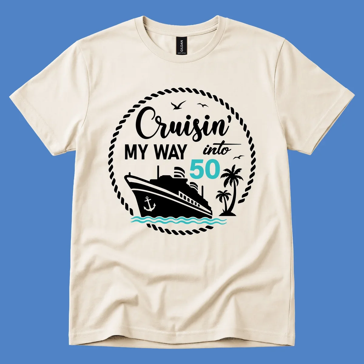 Nautical circular badge design with cruise ship, palm trees, and 'Cruisin' My Way Into 50' text for birthday celebrations