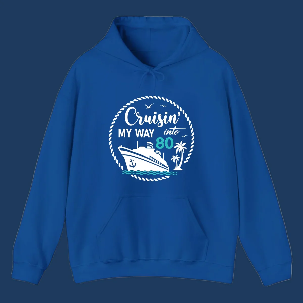 Nautical illustration with cruise ship, palm trees, and ocean waves featuring 'Cruisin' My Way Into 80' text in white and teal