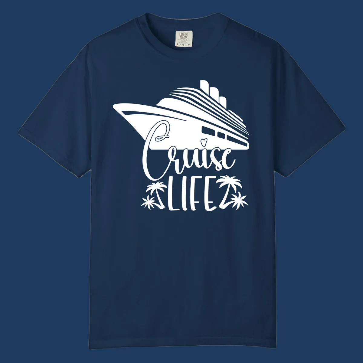 Cruise life design featuring a stylized ship with palm trees and heart symbol in white on gray background