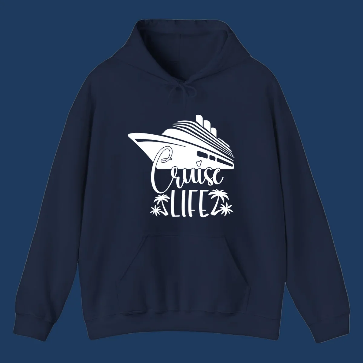 Cruise life design featuring a stylized ship with palm trees and heart symbol in white on gray background
