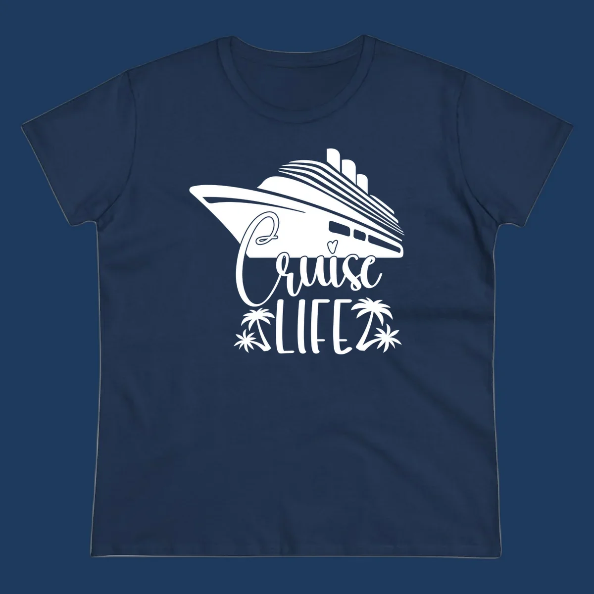 Cruise life design featuring a stylized ship with palm trees and heart symbol in white on gray background