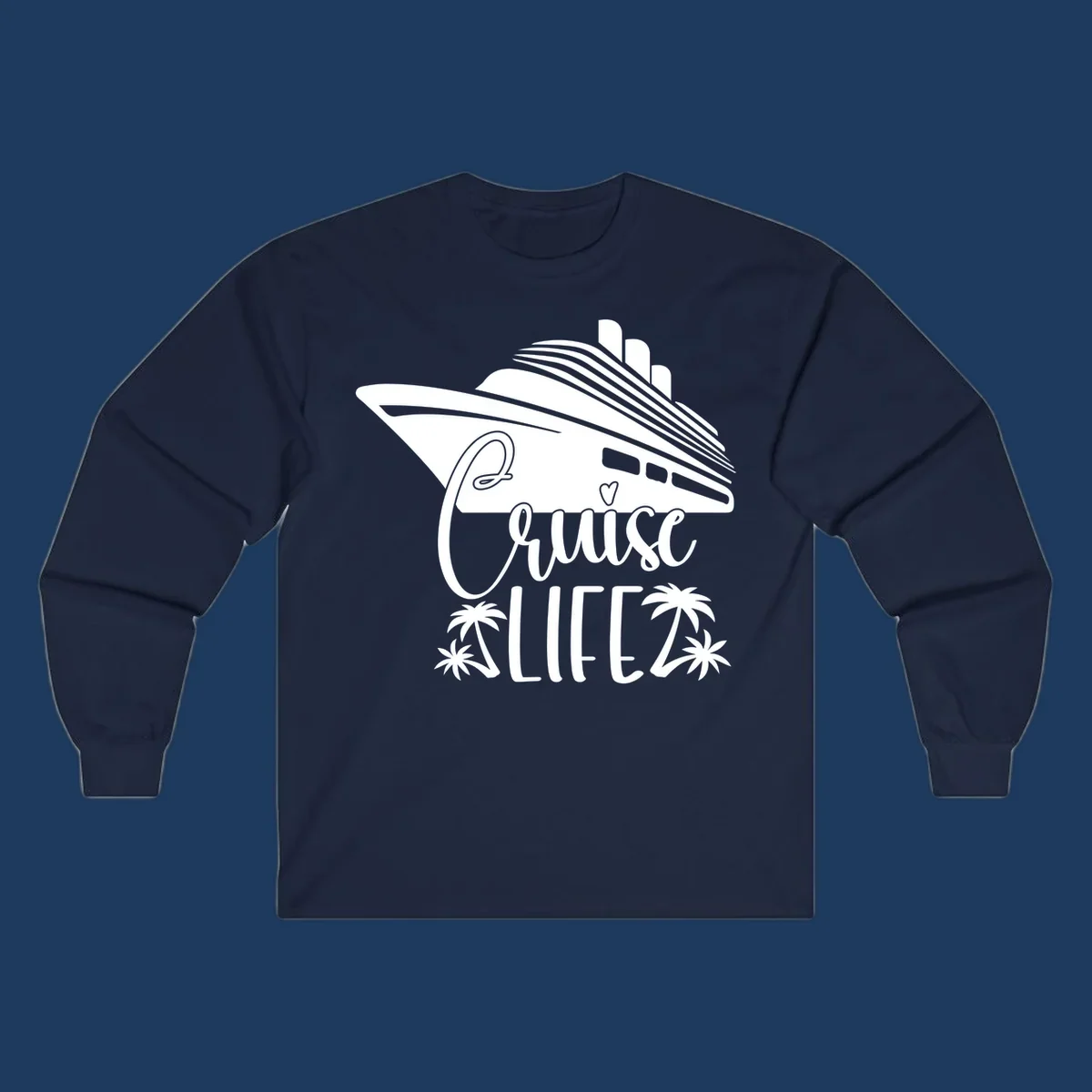 Cruise life design featuring a stylized ship with palm trees and heart symbol in white on gray background