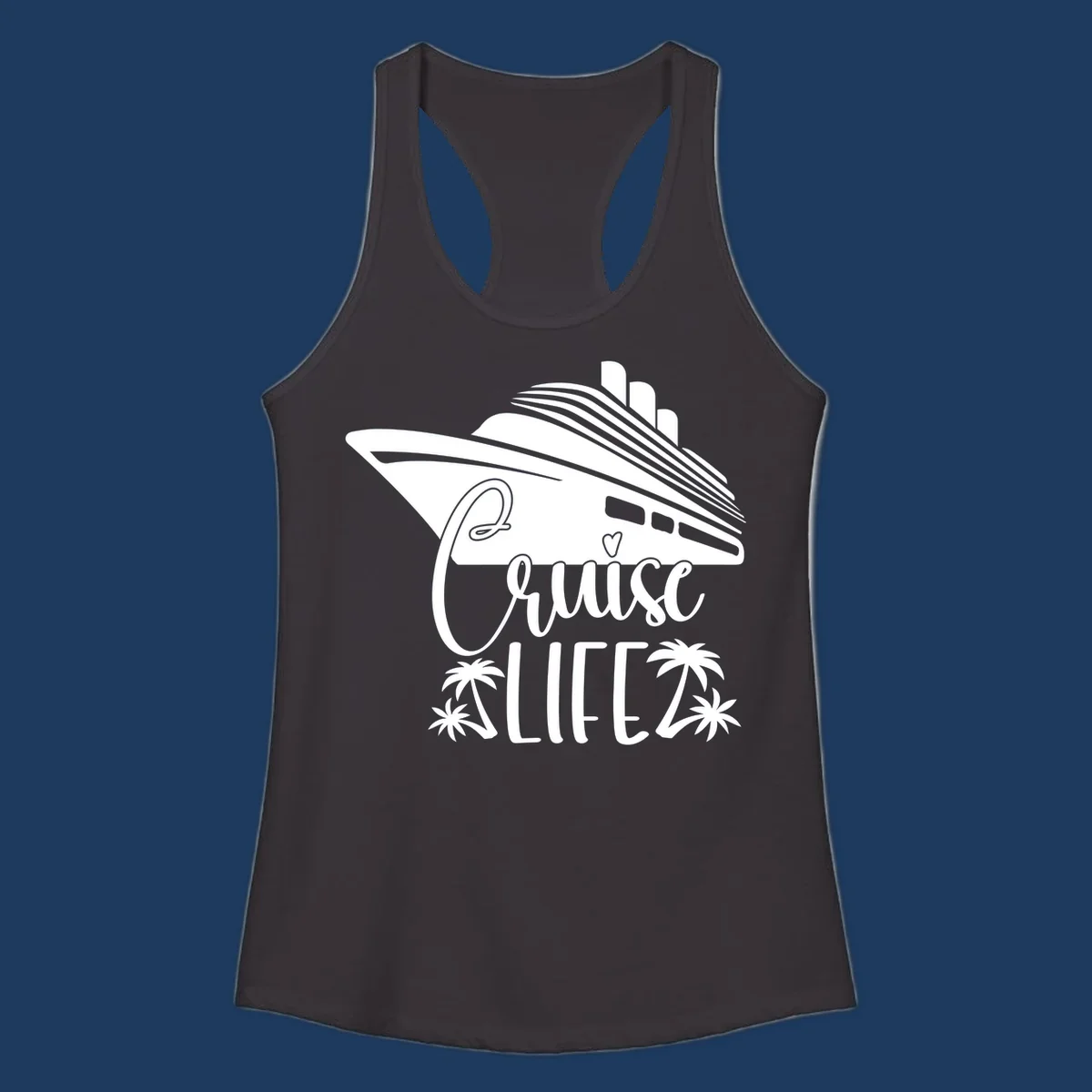 Cruise life design featuring a stylized ship with palm trees and heart symbol in white on gray background