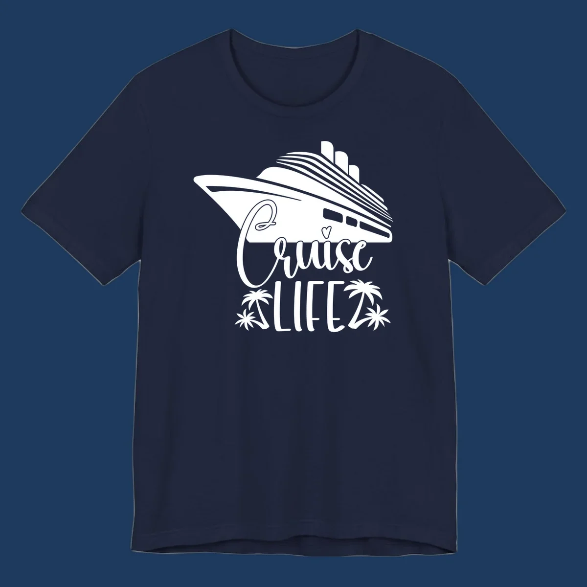 Cruise life design featuring a stylized ship with palm trees and heart symbol in white on gray background
