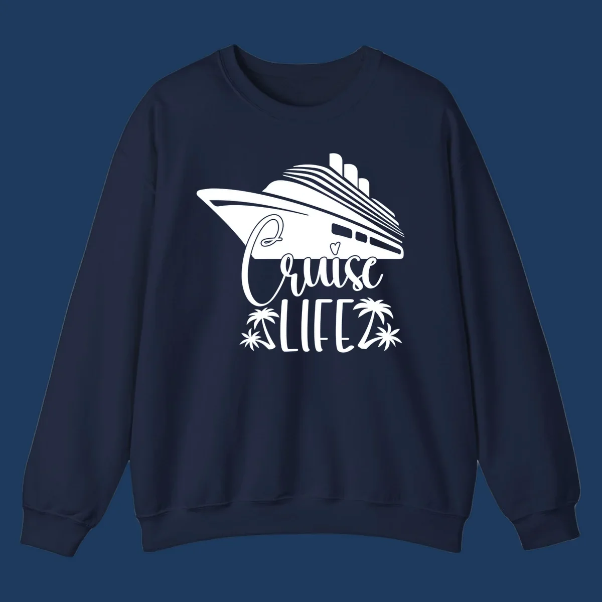 Cruise life design featuring a stylized ship with palm trees and heart symbol in white on gray background