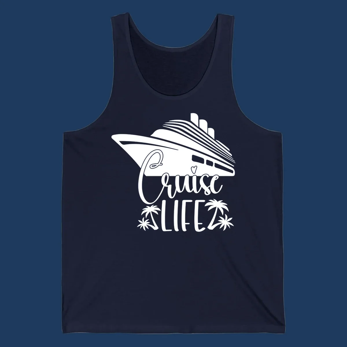 Cruise life design featuring a stylized ship with palm trees and heart symbol in white on gray background