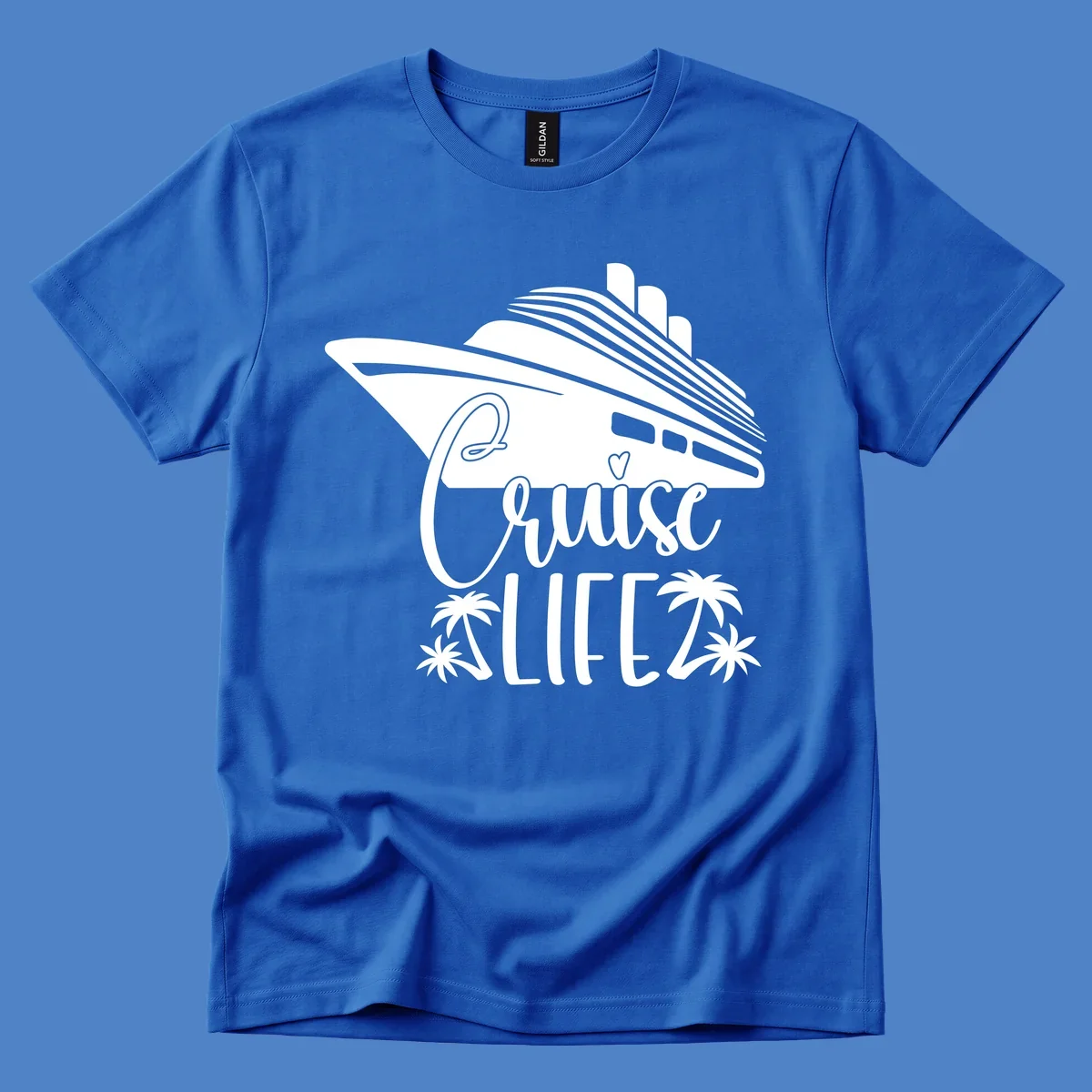 Cruise life design featuring a stylized ship with palm trees and heart symbol in white on gray background