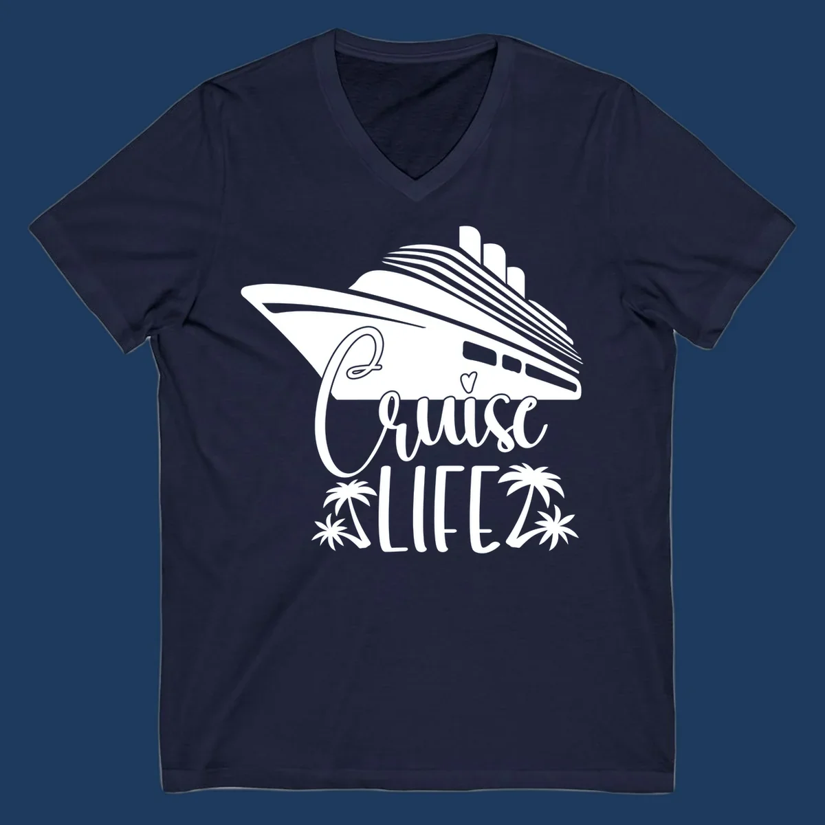 Cruise life design featuring a stylized ship with palm trees and heart symbol in white on gray background