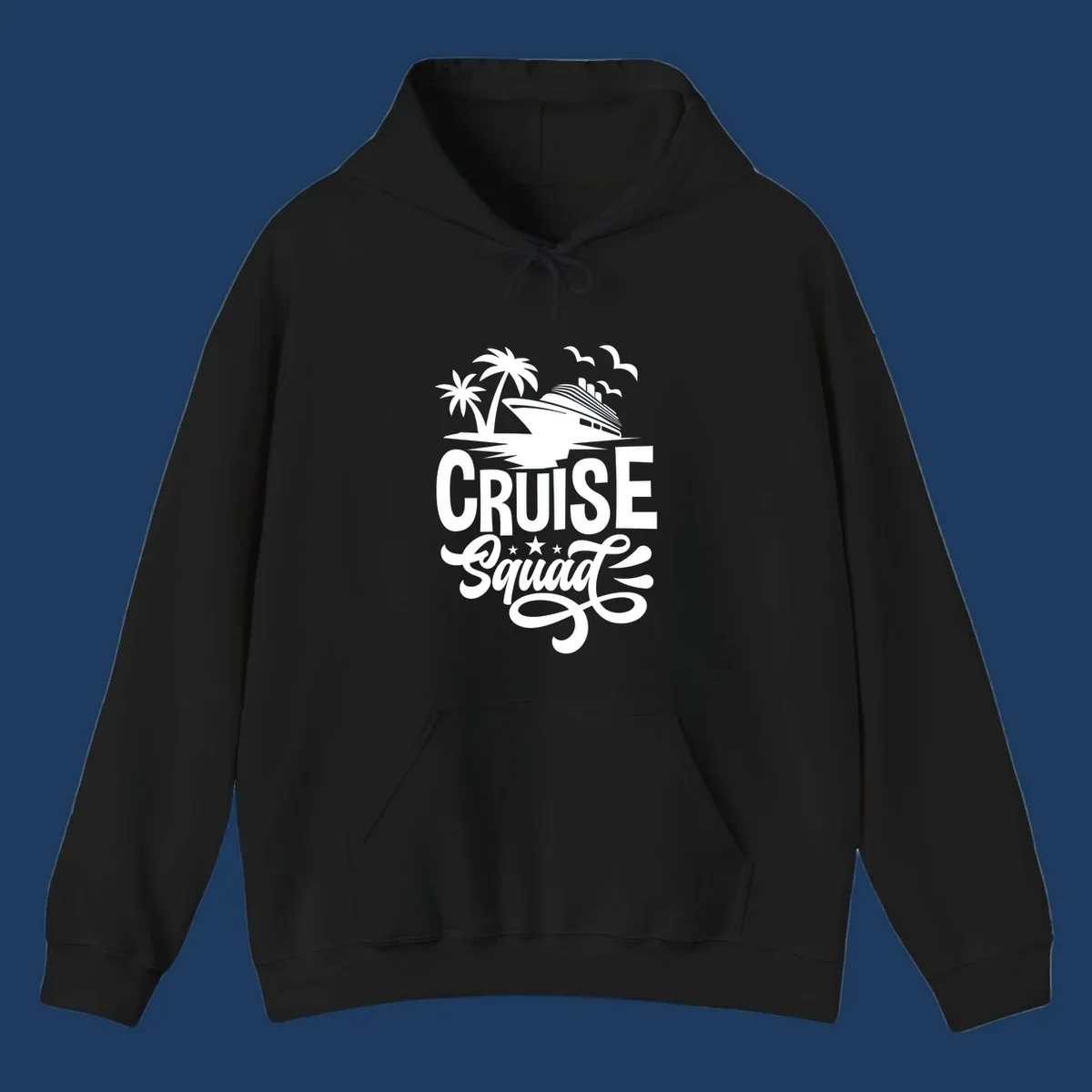 Cruise squad goals design with ship, palm trees, seagulls, and decorative text on gray background