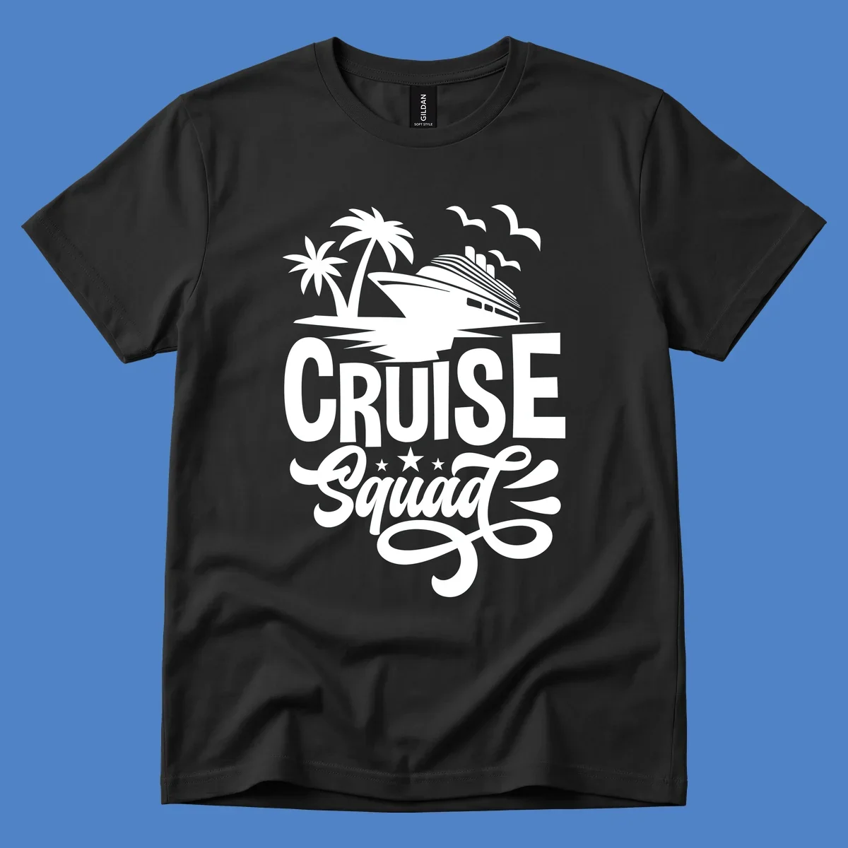 Cruise squad goals design with ship, palm trees, seagulls, and decorative text on gray background