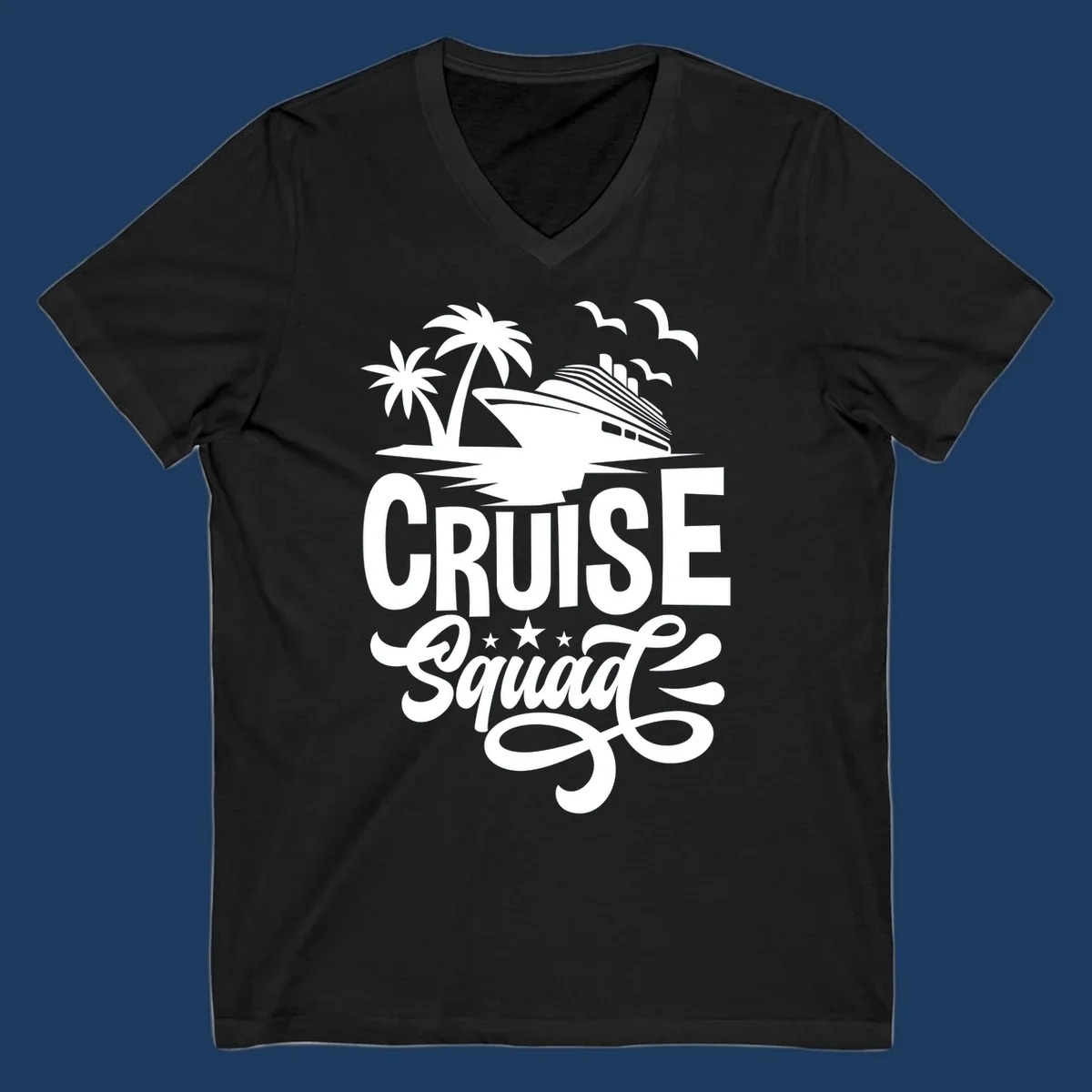 Cruise squad goals design with ship, palm trees, seagulls, and decorative text on gray background