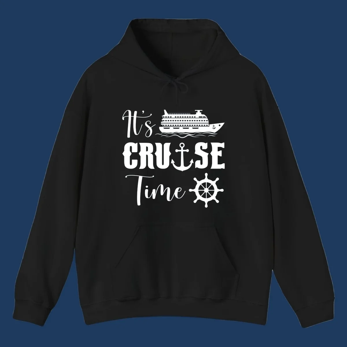 Nautical design reading 'It's Cruise Time' with cruise ship, anchor, ship's wheel, and ocean waves on gray background
