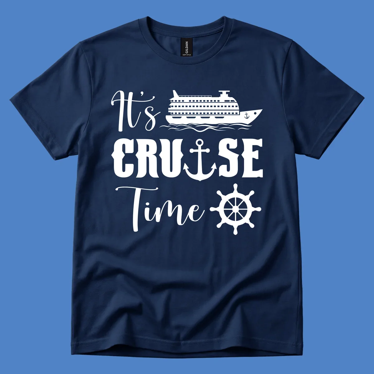 Nautical design reading 'It's Cruise Time' with cruise ship, anchor, ship's wheel, and ocean waves on gray background