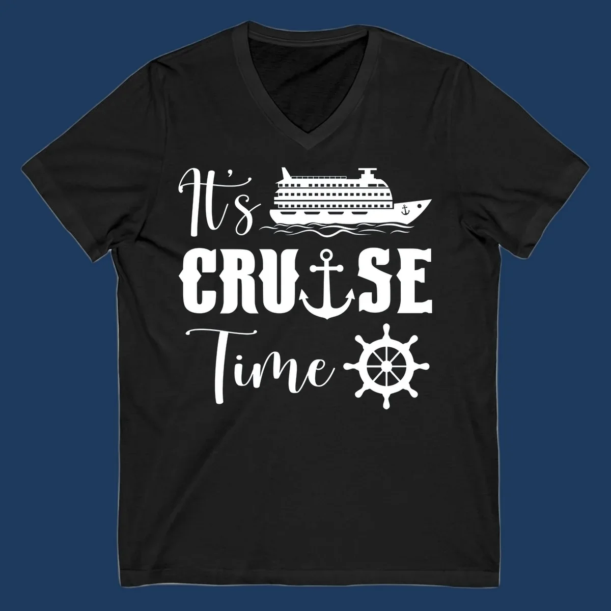 Nautical design reading 'It's Cruise Time' with cruise ship, anchor, ship's wheel, and ocean waves on gray background