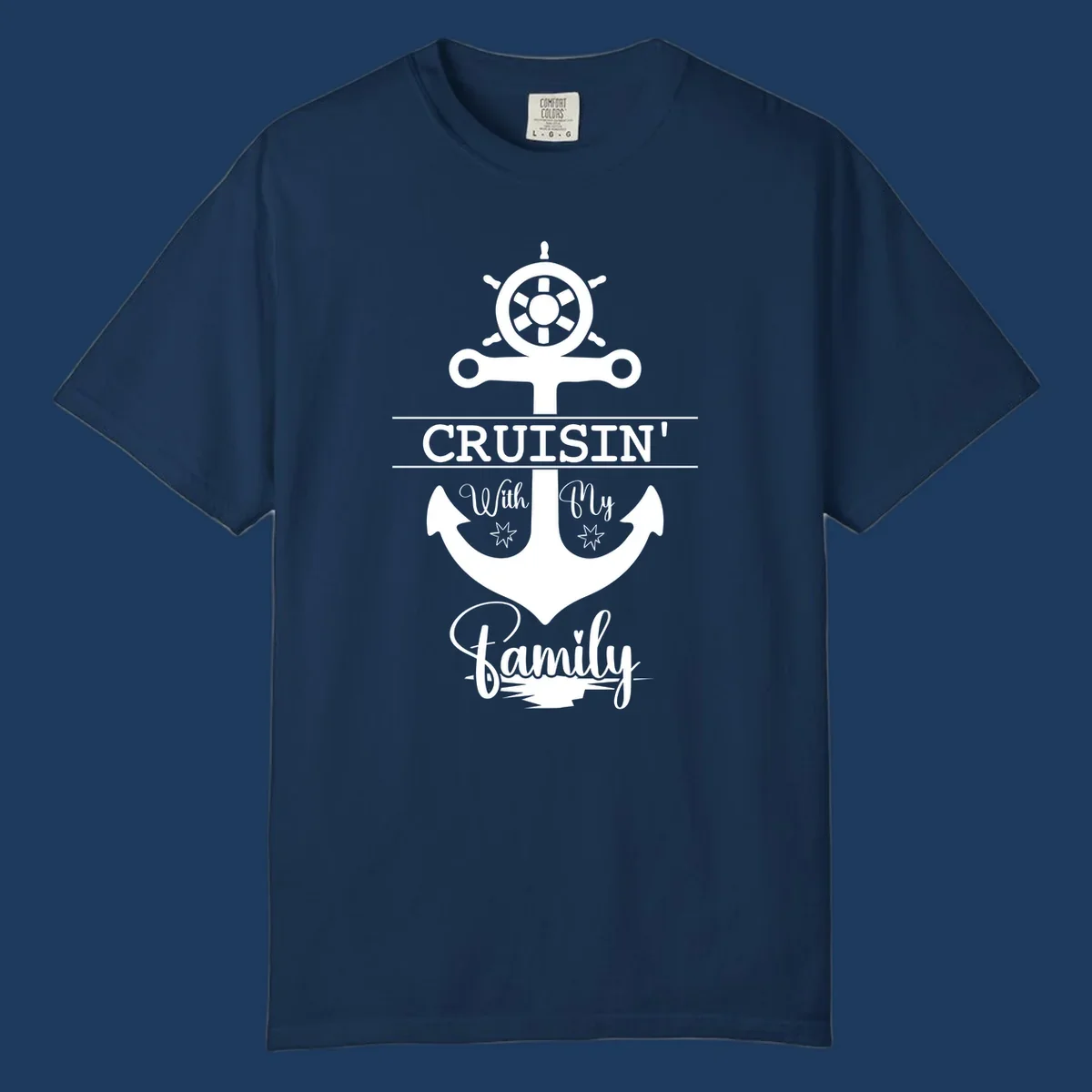 Nautical design with ship wheel and anchor featuring 'Cruisin' with My Family' text in white on gray background