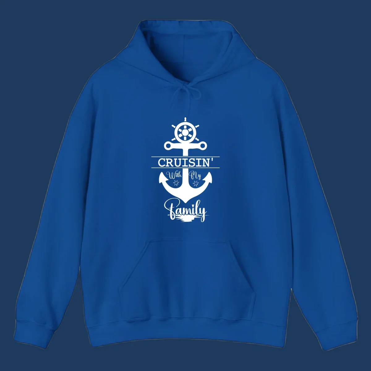 Nautical design with ship wheel and anchor featuring 'Cruisin' with My Family' text in white on gray background