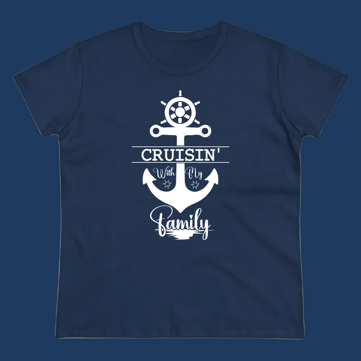 Nautical design with ship wheel and anchor featuring 'Cruisin' with My Family' text in white on gray background