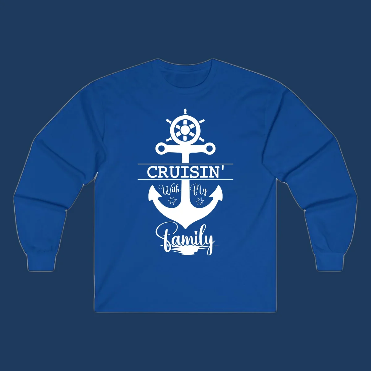 Nautical design with ship wheel and anchor featuring 'Cruisin' with My Family' text in white on gray background