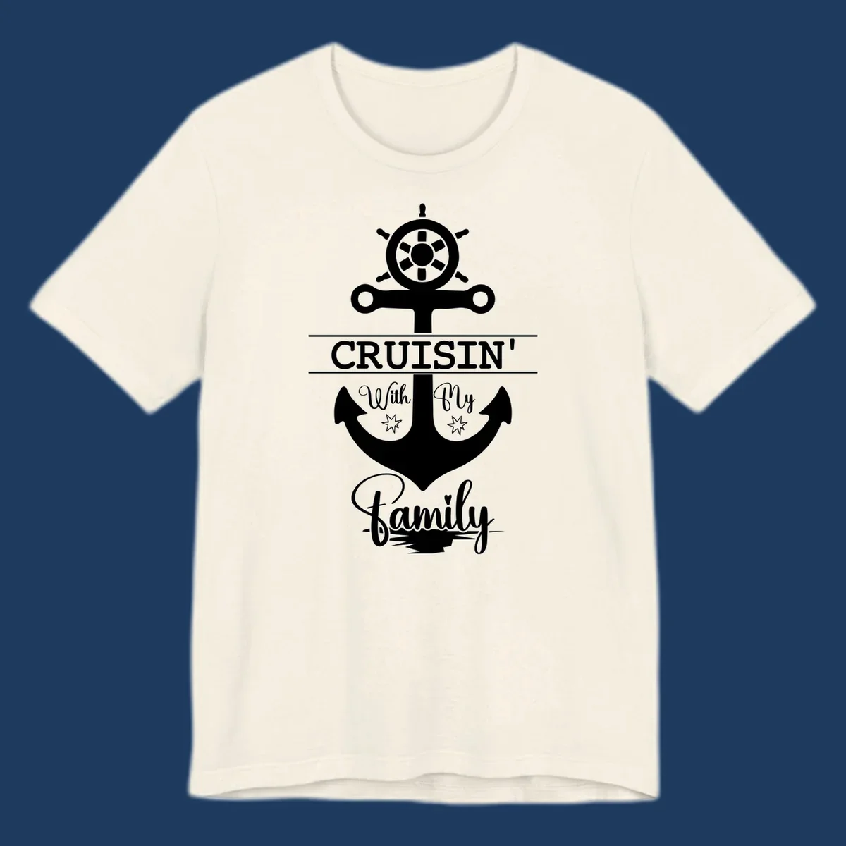 Nautical design with ship wheel and anchor featuring 'Cruisin' with My Family' text in white on gray background