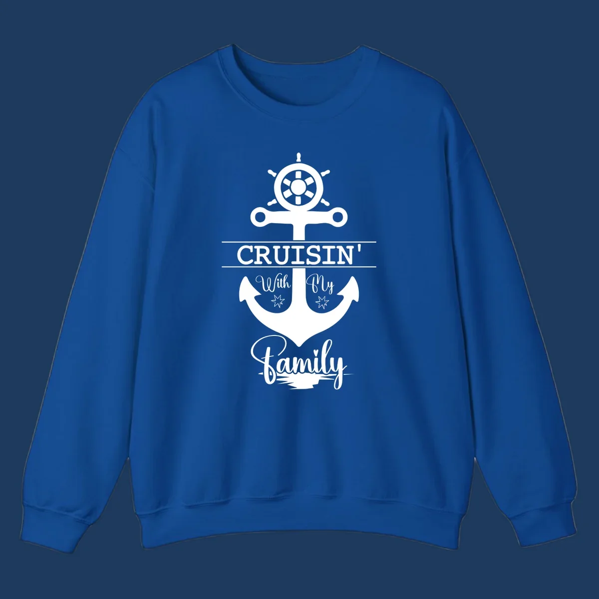 Nautical design with ship wheel and anchor featuring 'Cruisin' with My Family' text in white on gray background