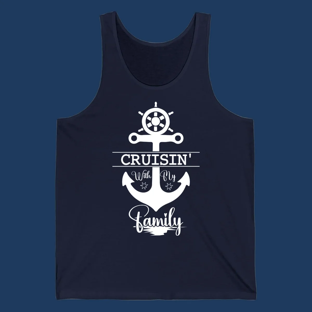 Nautical design with ship wheel and anchor featuring 'Cruisin' with My Family' text in white on gray background
