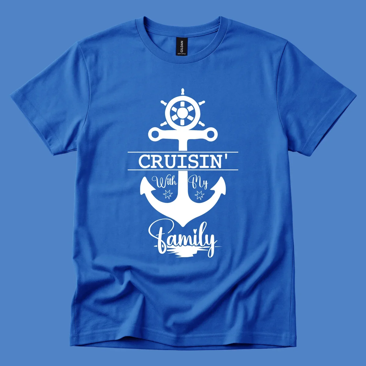 Nautical design with ship wheel and anchor featuring 'Cruisin' with My Family' text in white on gray background
