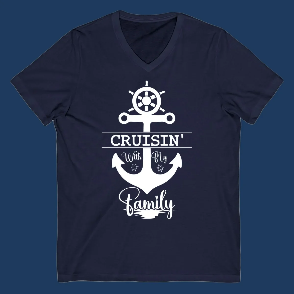 Nautical design with ship wheel and anchor featuring 'Cruisin' with My Family' text in white on gray background