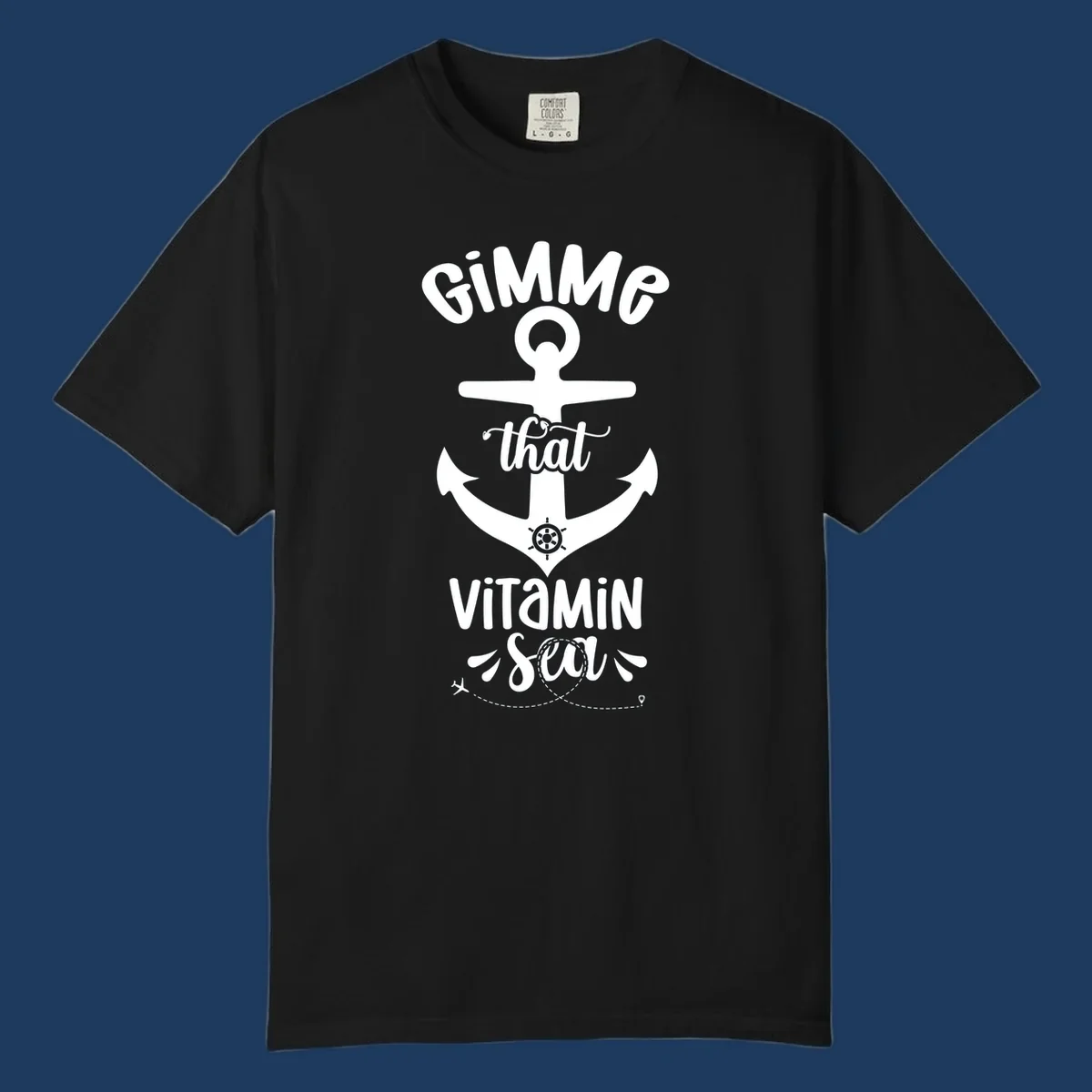 White anchor with ship wheel design and 'Gimme that Vitamin Sea' text on gray background, gimme-vitamin-sea-cruise theme