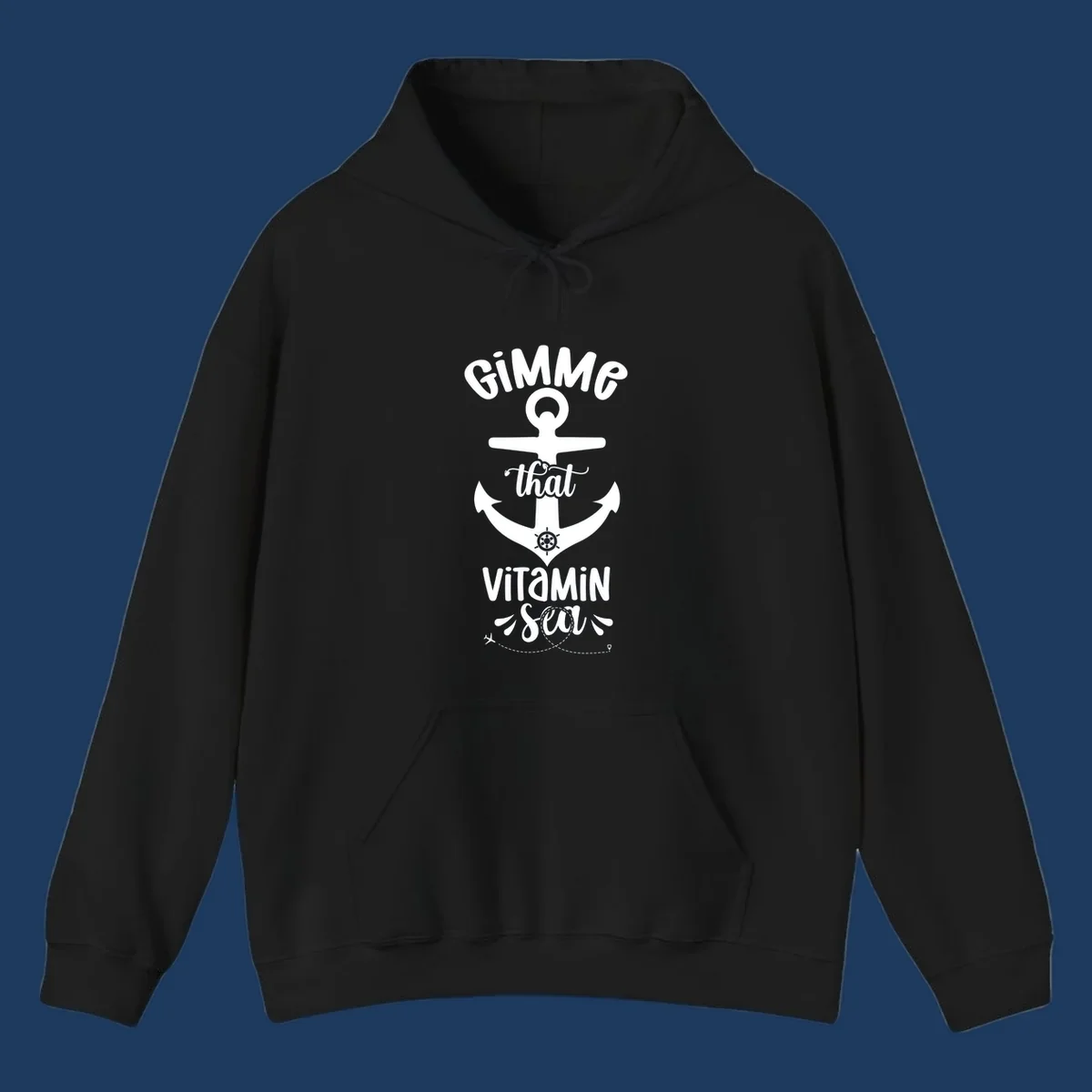 White anchor with ship wheel design and 'Gimme that Vitamin Sea' text on gray background, gimme-vitamin-sea-cruise theme