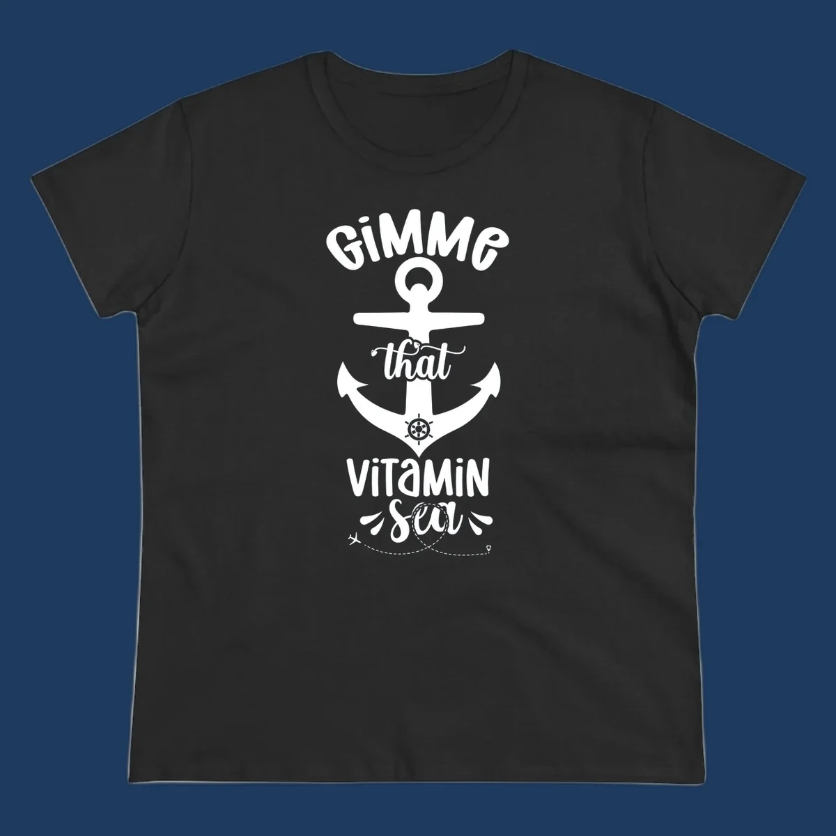 White anchor with ship wheel design and 'Gimme that Vitamin Sea' text on gray background, gimme-vitamin-sea-cruise theme